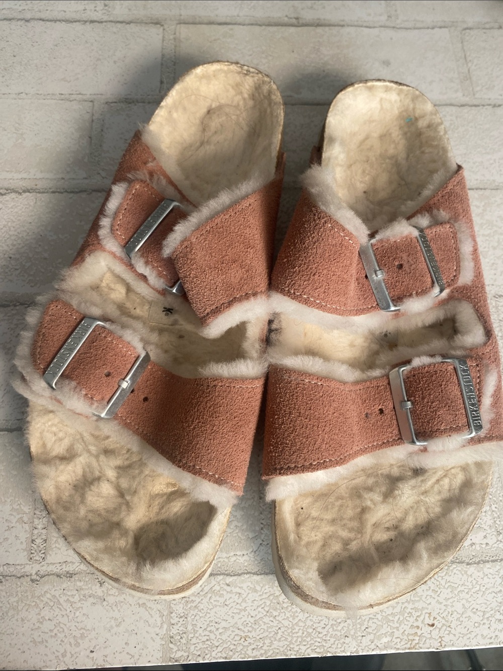Birkenstock Women's Suede Shearling Two-Strap sandals in Dusty Rose size 40